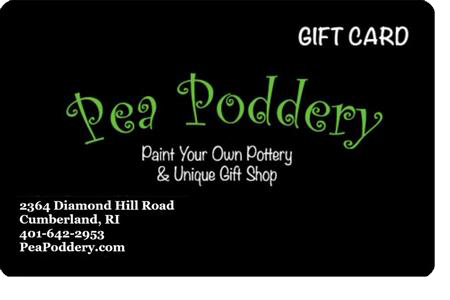 A gift card for the pea poddery pottery shop.