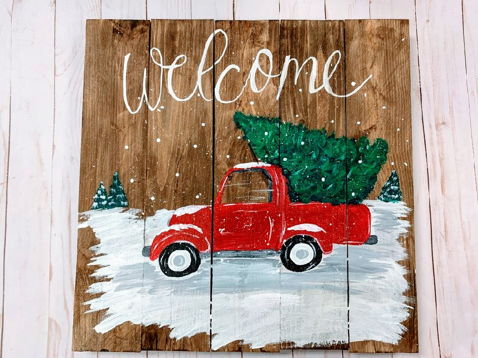 Vintage Truck w/ Tree on Wooden Canvas