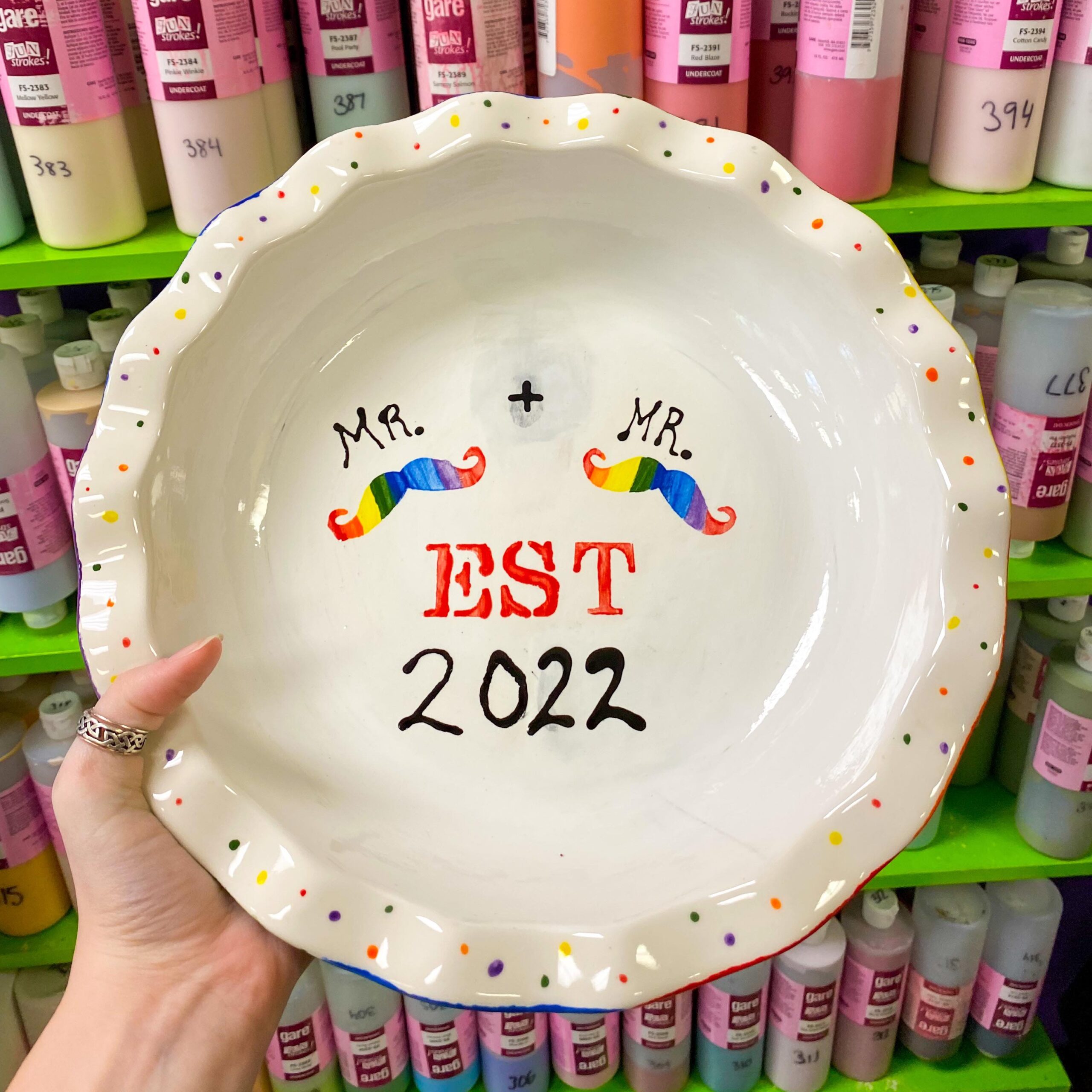 A hand holding up a bowl with the date and name of each year.