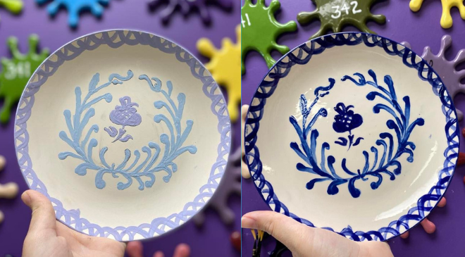Two plates with blue designs on them