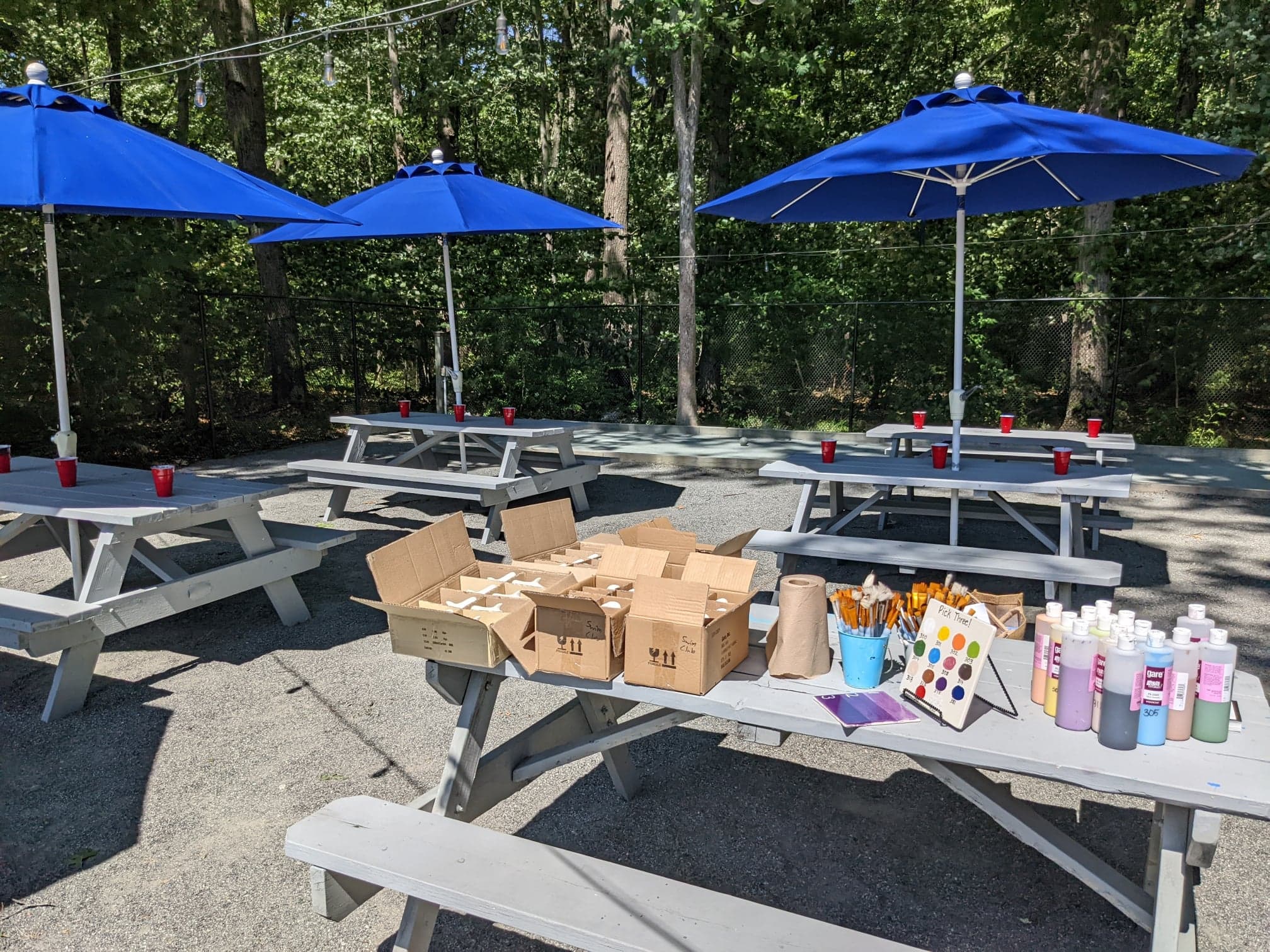 A picnic table with blue umbrellas and boxes of food.