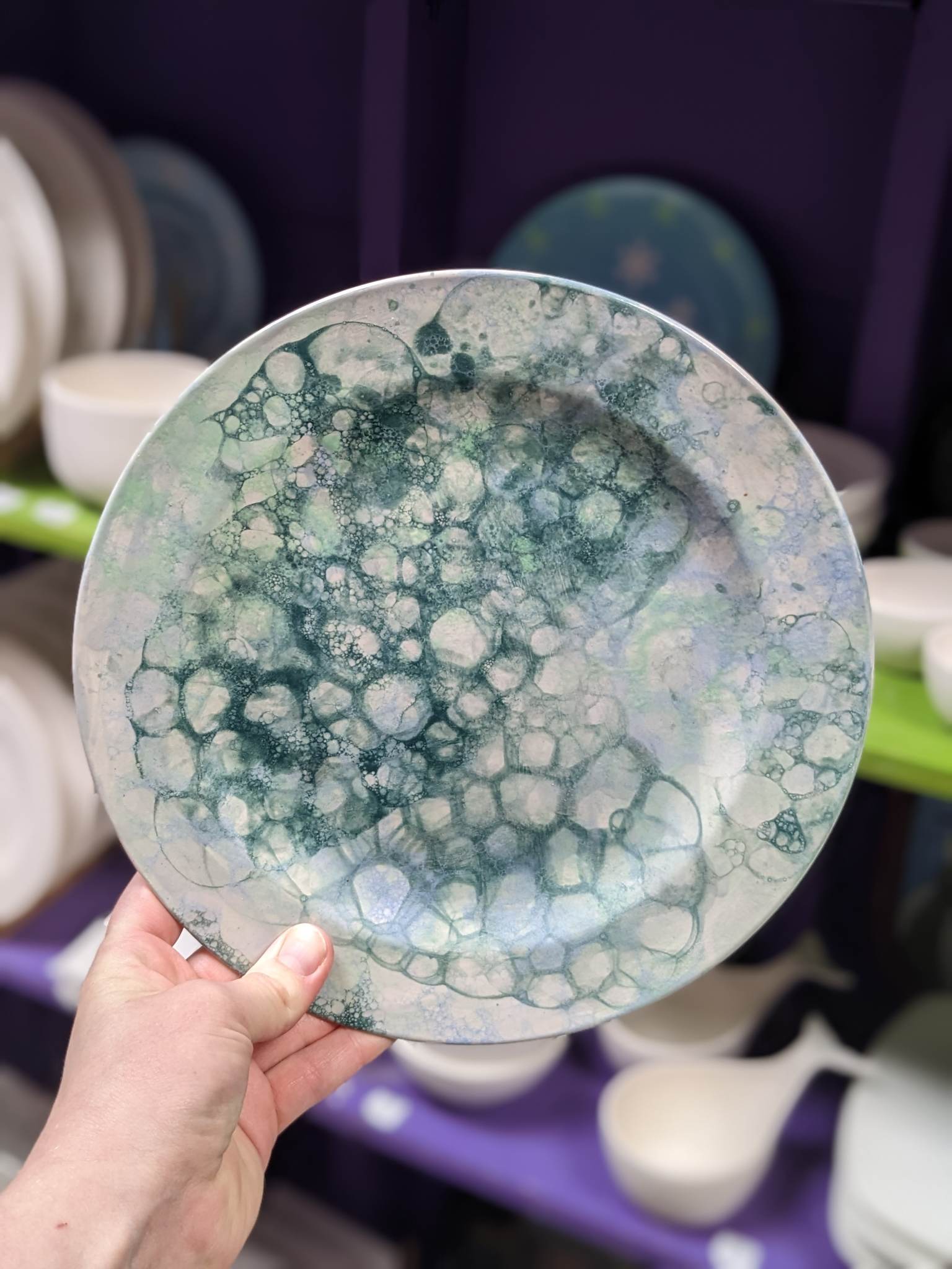 A person holding up a plate with green bubbles on it.